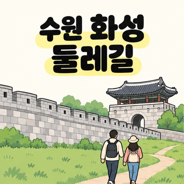 수원 화성 둘레길이라는 제목 아래 회색 성벽과 기와 문루 옆 길을 배낭을 멘 두 사람이 걷는 대표 이미지