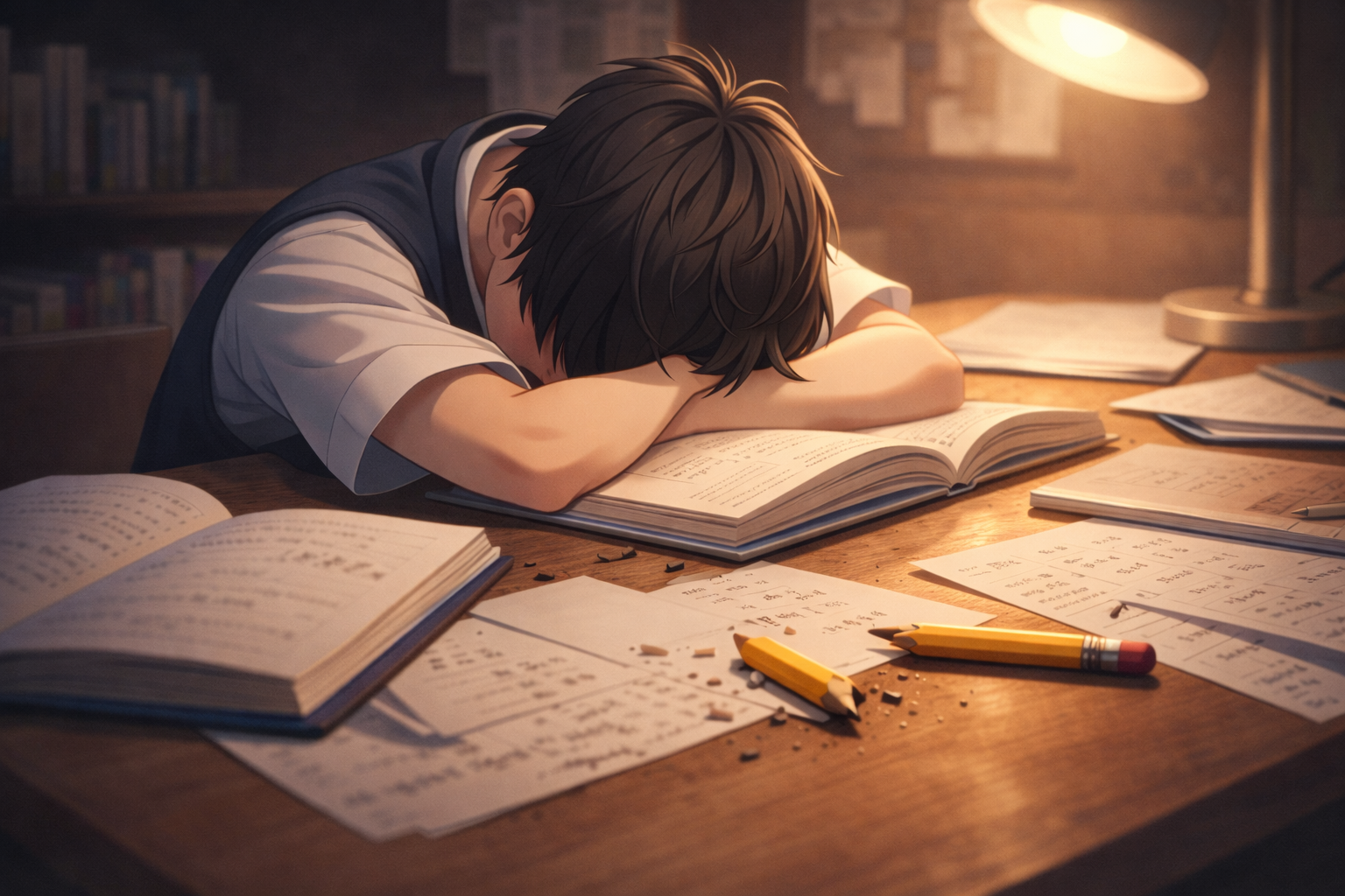 지친 학생과 부러진 연필