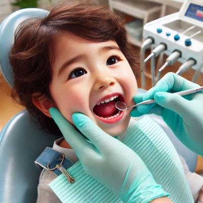 유아가 구강검진을 받고 있다.