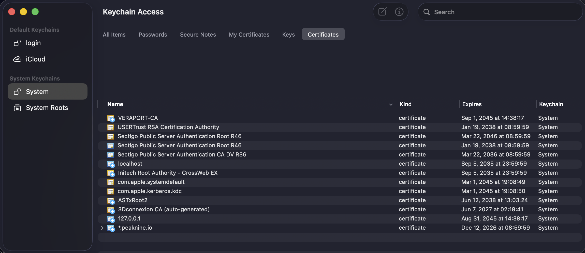 Keychain Access앱을 통해서 '*.peaknine.io'인증서가 맨 아래 부분에 추가되었습니다.