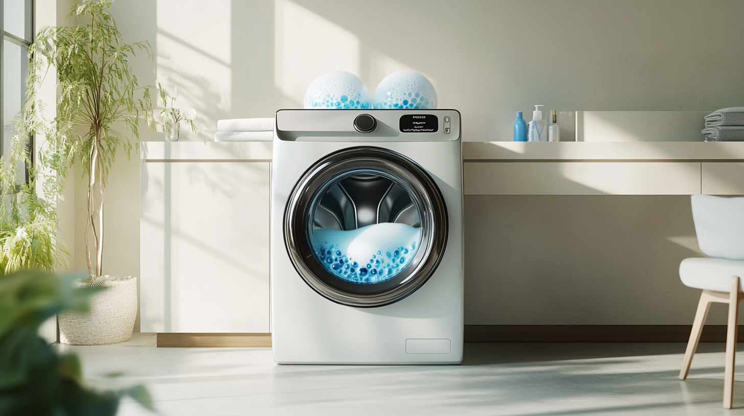 삼성 그랑데 통버블 세탁기의 버블 세탁 기술을 현대적인 세탁실에서 깨끗한 거품과 함께 보여주는 고품질 이미지.