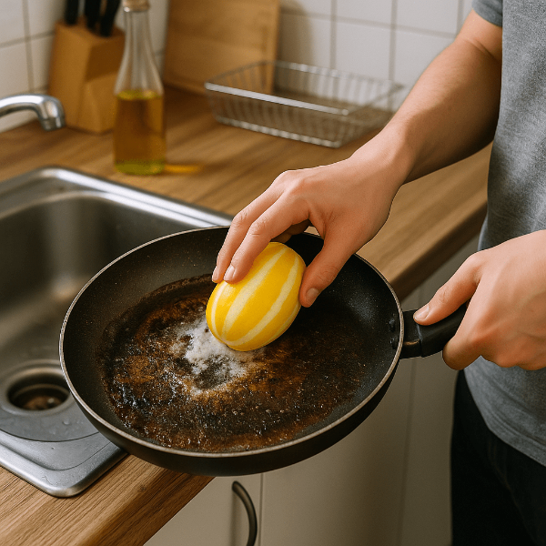 프라이팬을 참외 껍질로 닦고 있는 모습