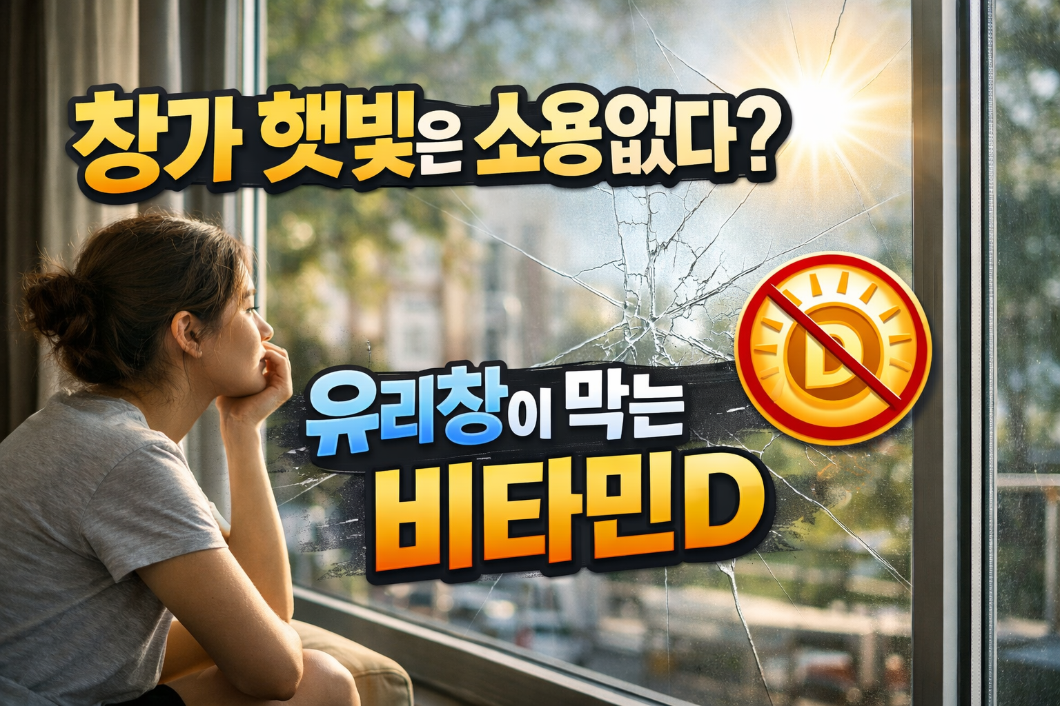 창가에서 햇빛을 쬐어도 유리창 때문에 비타민D 합성이 어려운 상황을 설명하는 이미지
