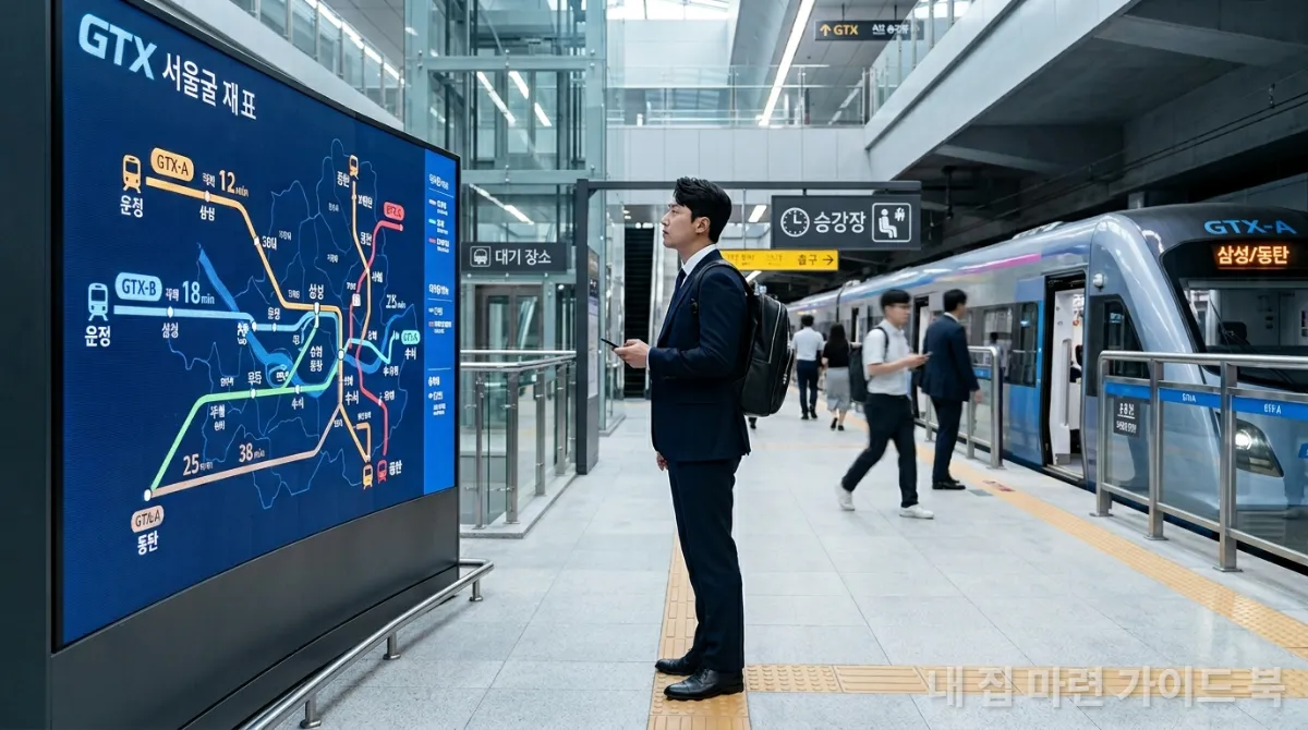 GTX 역에서 노선도를 확인하며 투자 전략을 세우는 사람
