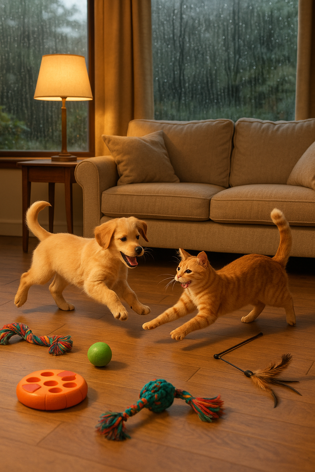 따뜻하고 아늑한 거실에서 강아지와 고양이가 함께 놀고 있는 모습