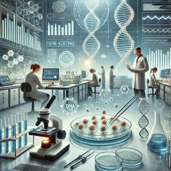 실험실에서 연구 중인 모습, 마이크로스코프를 사용하는 장면, 유전자 편집(CRISPR) 과정을 시각화한 인포그래픽
줄기세포 배양, 신약 개발 관련 연구실 이미지