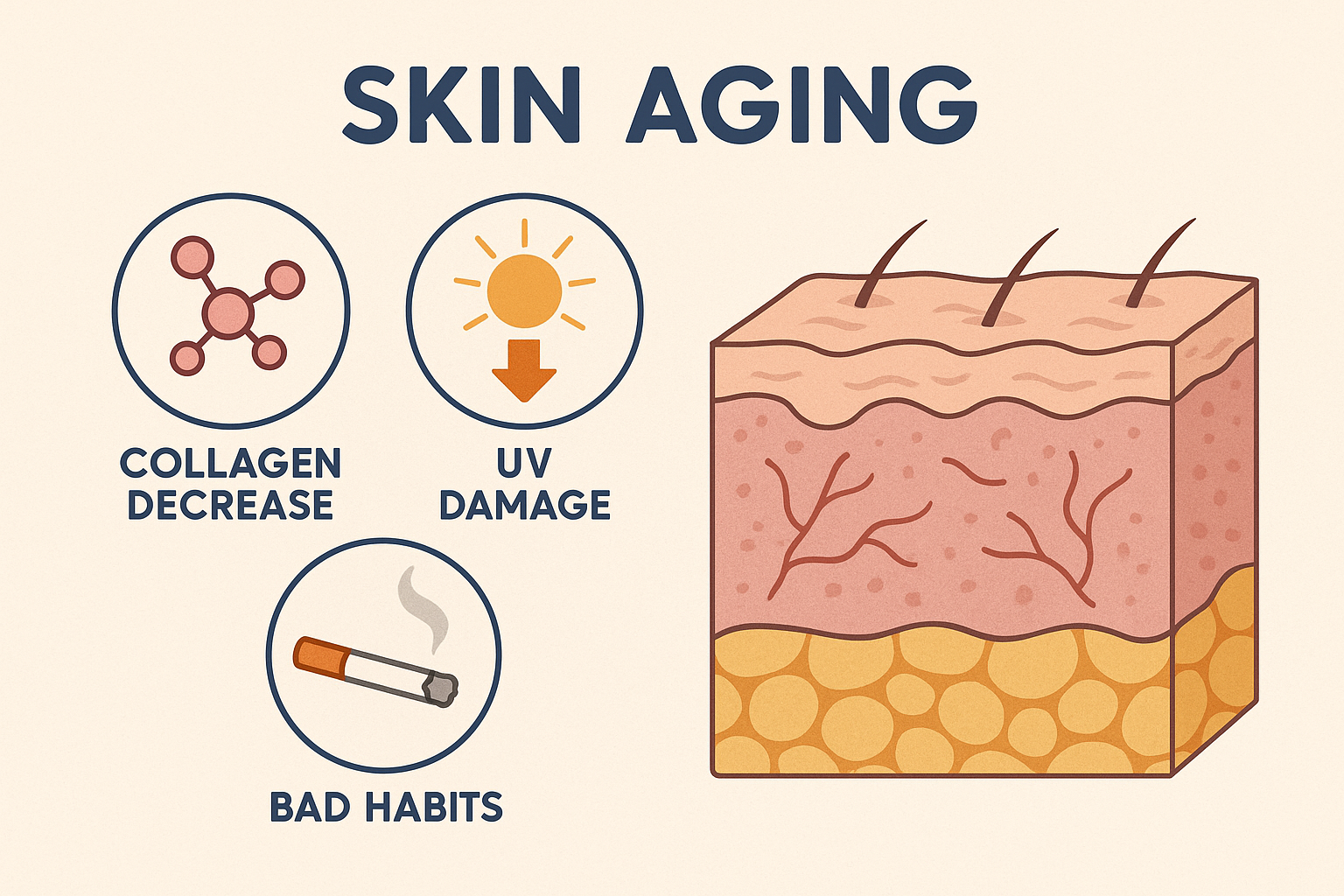 피부 노화 원인 인포그래픽: 콜라겐 감소, 자외선, 나쁜 습관