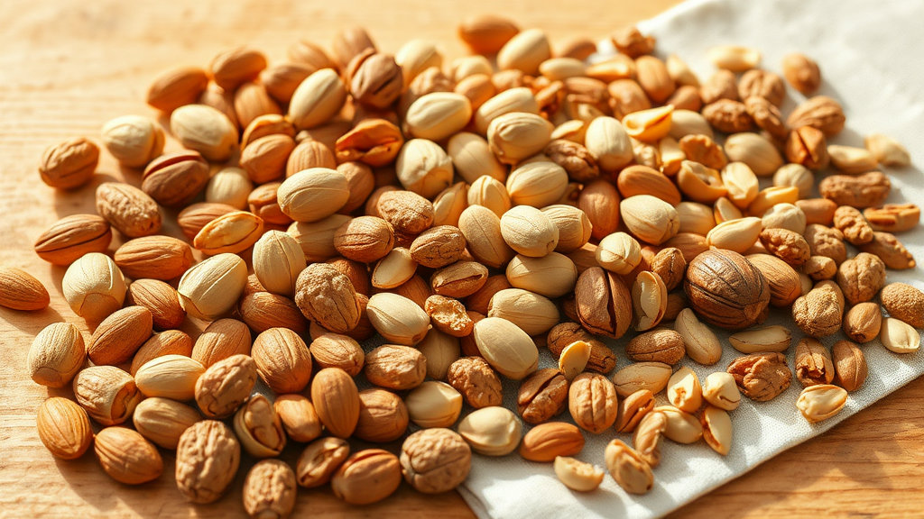 나무 탁자 위에 다양한 견과류가 놓여 있는 이미지