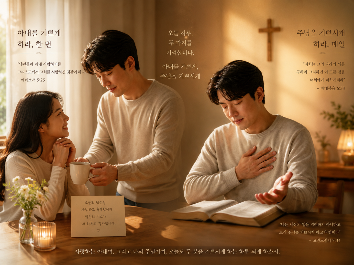 고전7:34 말씀에서 제가 기쁘시게할 대상은 아내와 주님임을 기억하며 스스로를 부인하고&amp;#44; 기쁘시게할 대상을 주목하여 성령의 음성을 따라 힘있게 살아가는 삶이 되어야 함을 생각하게 하셔서 감사했습니다. 오늘 중 아내와 주님께서 한번씩 미소지을 수 있는 시도를 하는 모습입니다.