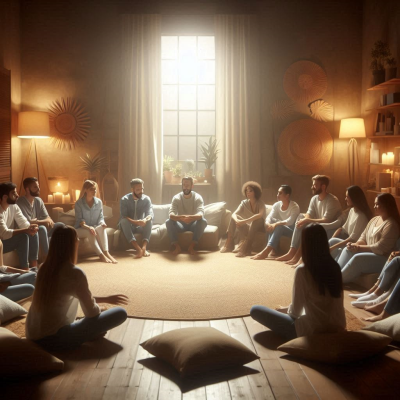 사람들끼리 모여 앉아 중요한 이야기를 나누고 있는 모습입니다. 밝은 자연광이 들어옵니다.