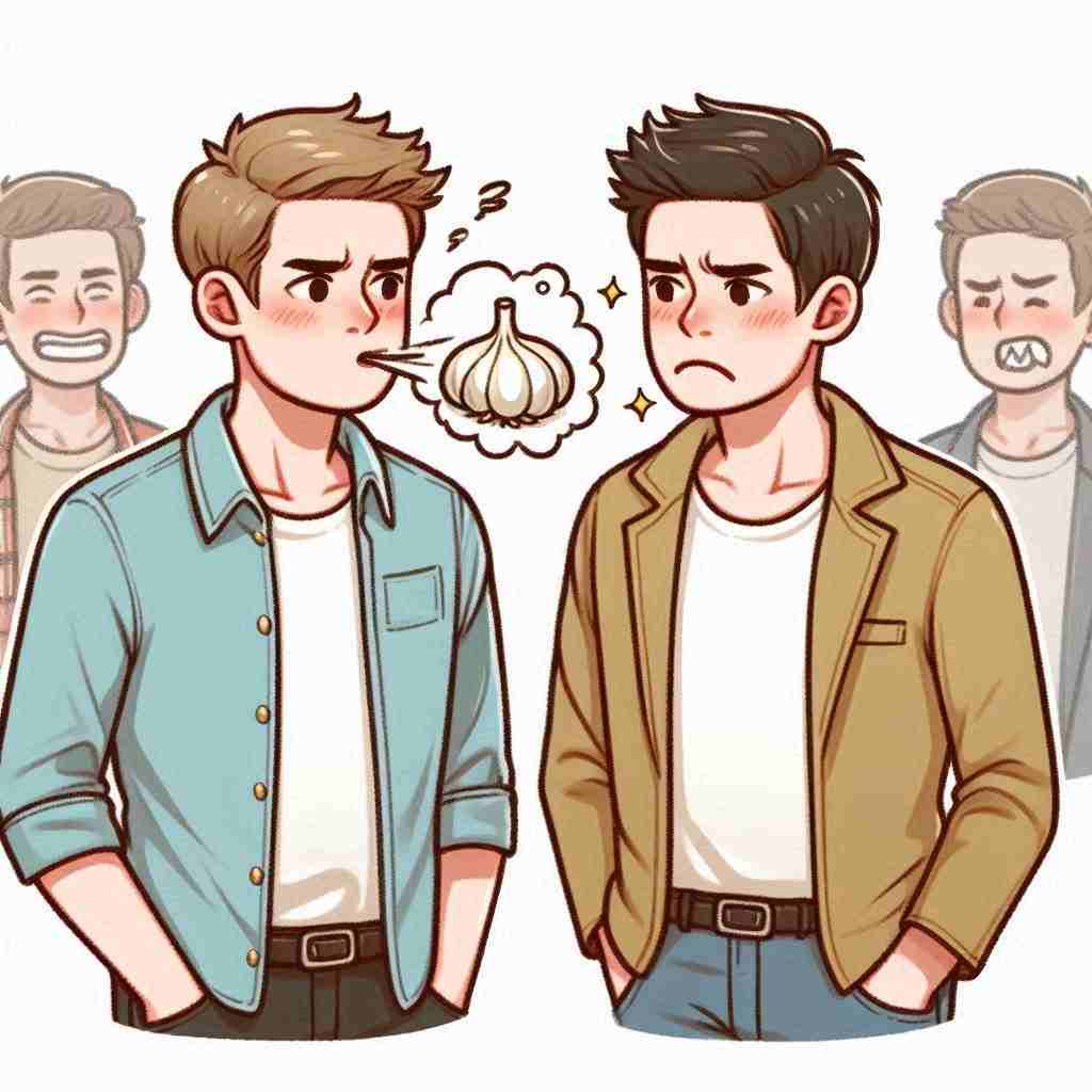 마늘 구취 때문에 인상을 쓰고 있는 남자