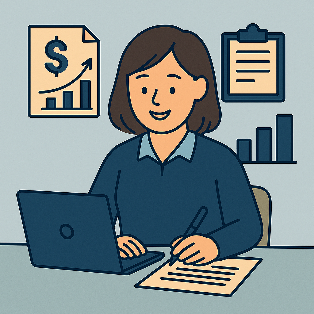 평면 벡터 스타일 일러스트: 회색 배경 앞에서 연한 파란색 블라우스를 입은 여성이 책상에 앉아 노트북으로 재무 데이터를 입력하고, 한 손으로는 펜으로 보고서를 작성하는 모습. 주변에는 그래프 아이콘, 금융 문서 아이콘, 클립보드 아이콘이 배치되어 지원금 신청과 회계 정산, 보고서 작성을 상징합니다.