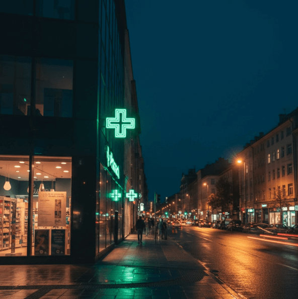 밤늦은 길거리에 약국 사진