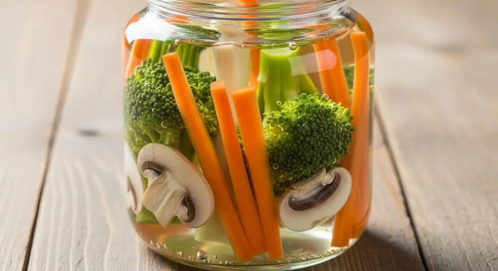 유리병 안에 브로콜리, 당근,버섯이 식초에 담겨 있는 초절임 음식