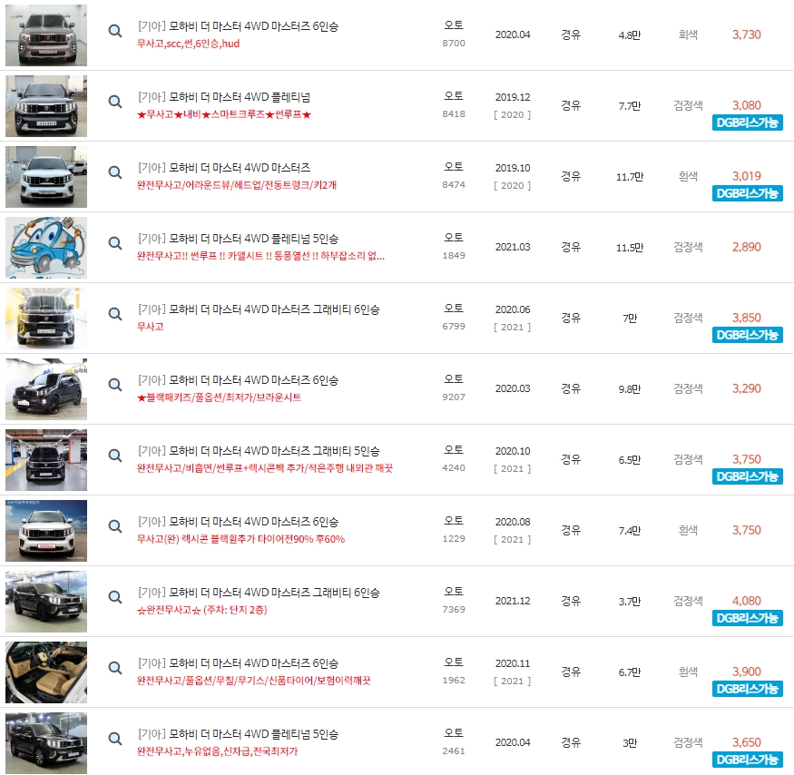 모하비 더 마스터 중고차 시세 : 2,539만원~5,560만원