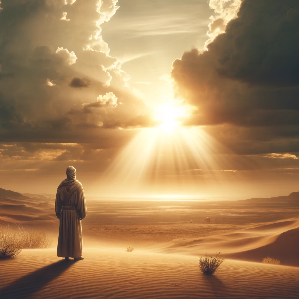 Here is the image depicting a spiritual life and a situation devoid of hope. The scene portrays a figure in a vast desert, gazing towards a distant, mystical light, evoking a sense of peace and resilience in adversity. Feel free to take a closer look at the image.
