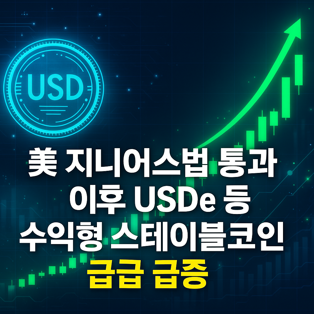 美 지니어스법 통과 이후 수익형 스테이블코인 공급 급증을 강조한 썸네일 이미지