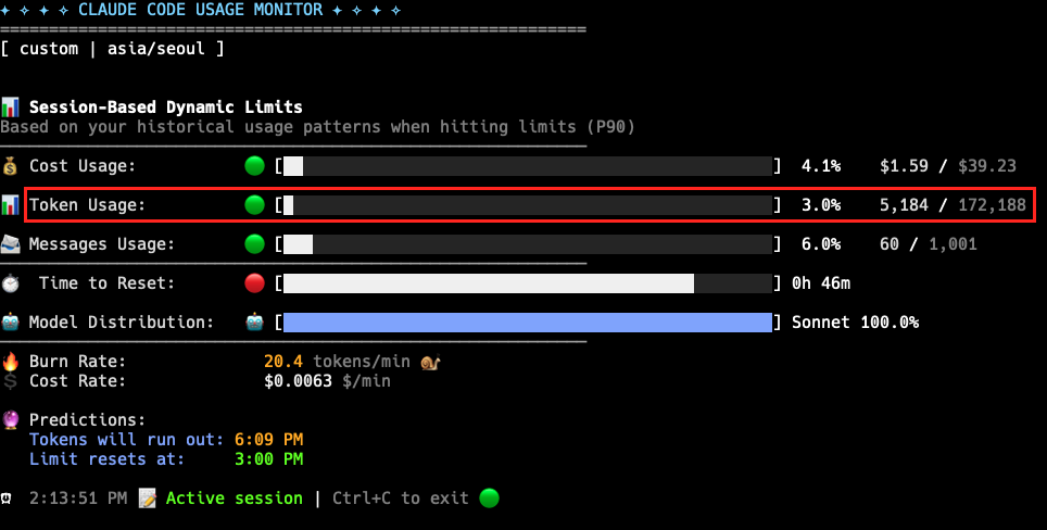 claude monitor로 확인한 토큰정보