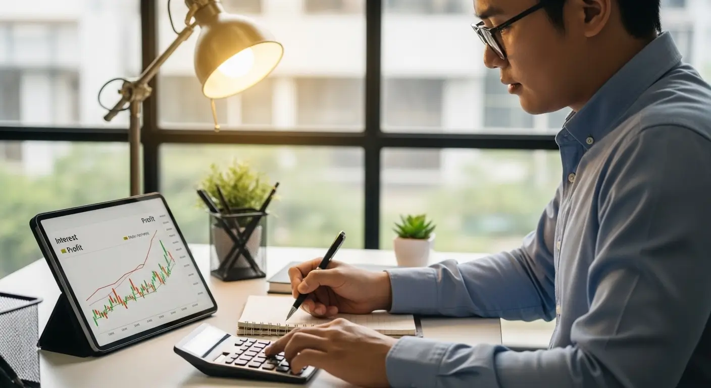 계산기와 태블릿을 놓고 자신의 대출 금리와 투자 수익률을 꼼꼼하게 계산하는 스마트한 투자자의 모습