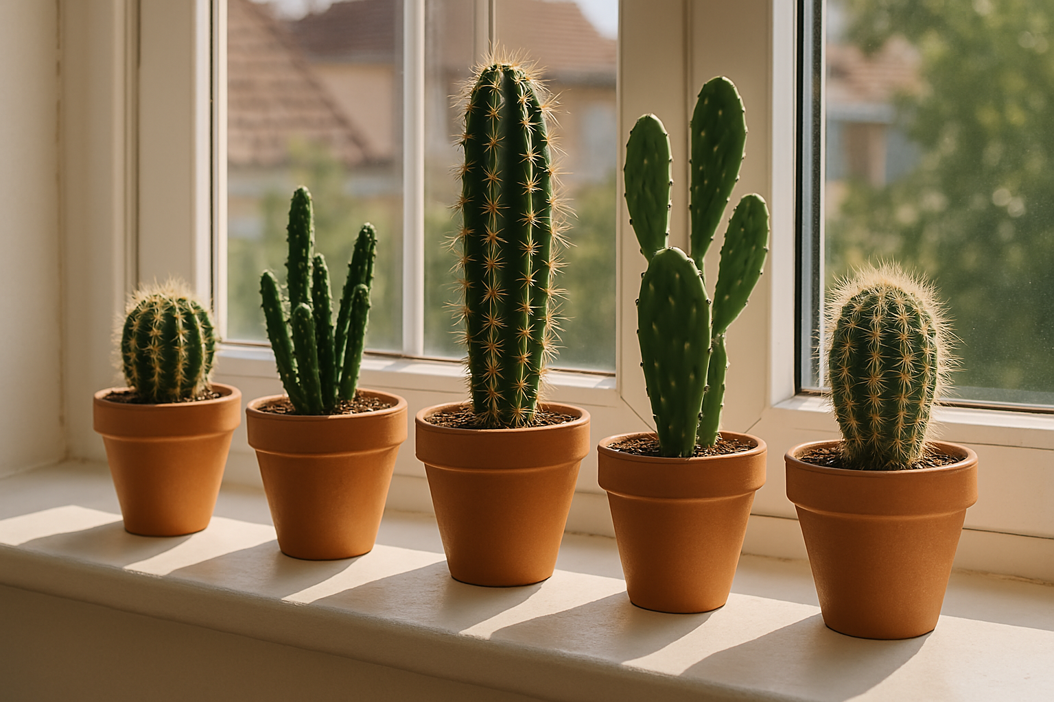 창틀에 놓여있는 선인장 화분 이미지