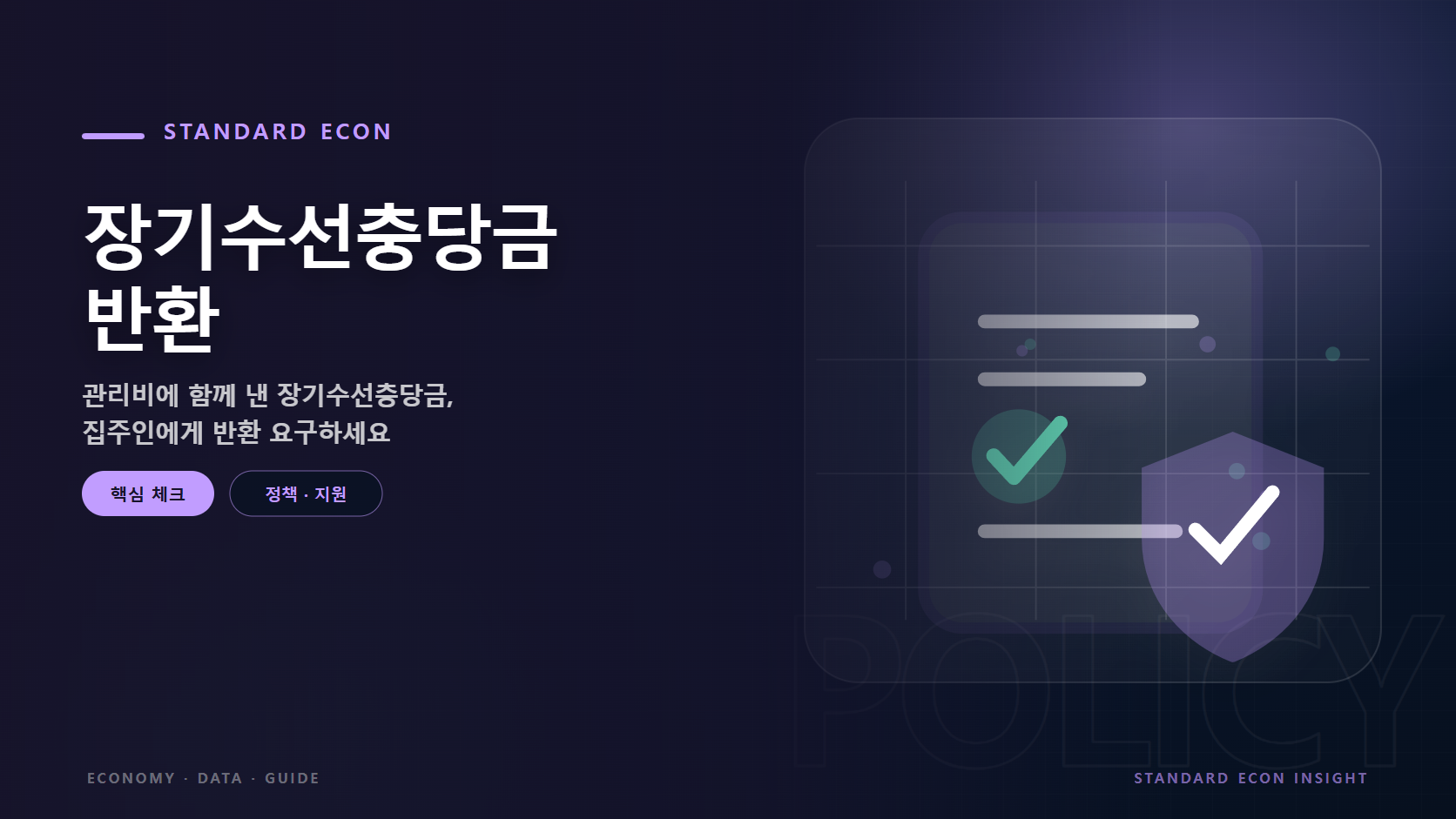 장기수선충당금 반환 문구와 정책 문서와 체크, 보호 방패 그래픽 요소를 담은 정책 &middot; 지원 경제 콘텐츠 대표 이미지