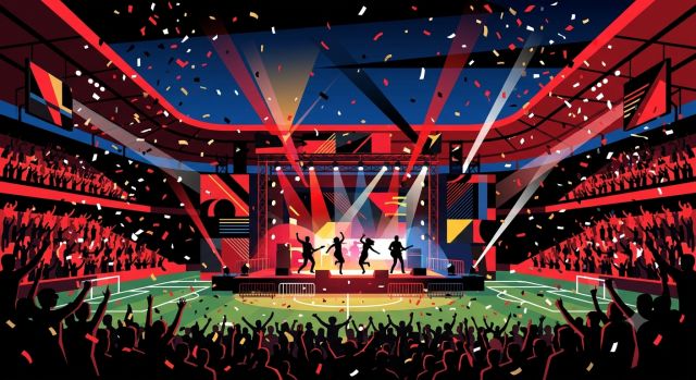 월드컵 결승전 하프타임 공연이 열리는 축구 경기장을 형상화한 플랫 벡터 일러스트