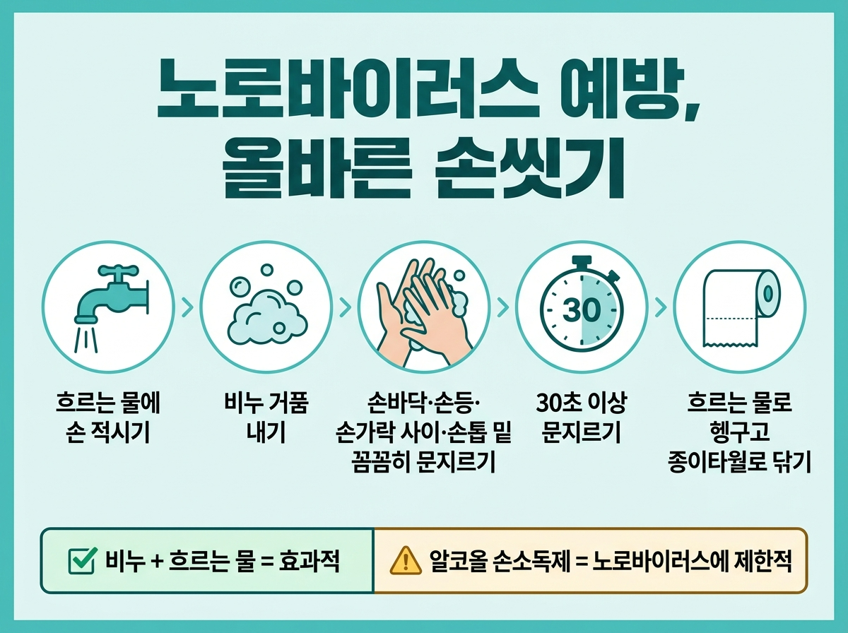 노로바이러스 예방 손씻기, 비누 30초 손씻기, 알코올 소독제 한계, 노로바이러스 예방법