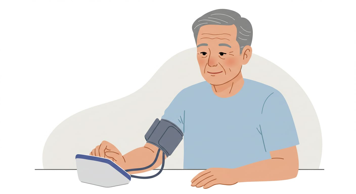집에서 혈압을 측정하고 있는 시니어 남성
