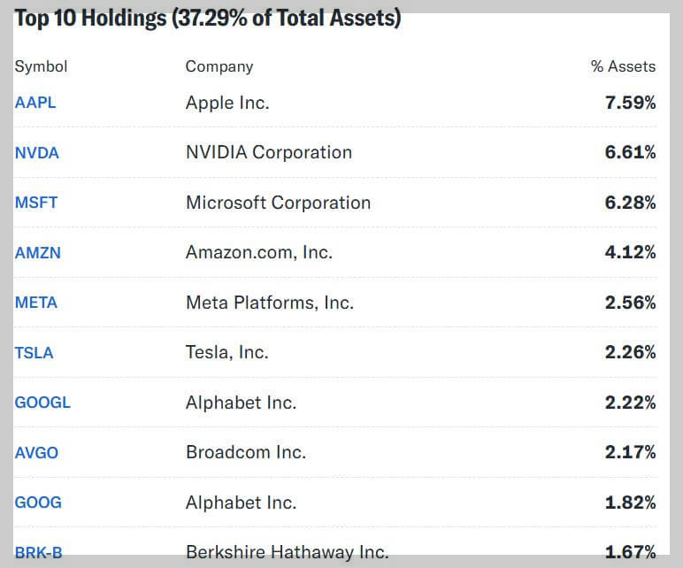 SPLG ETF 구성 종목 TOP 10