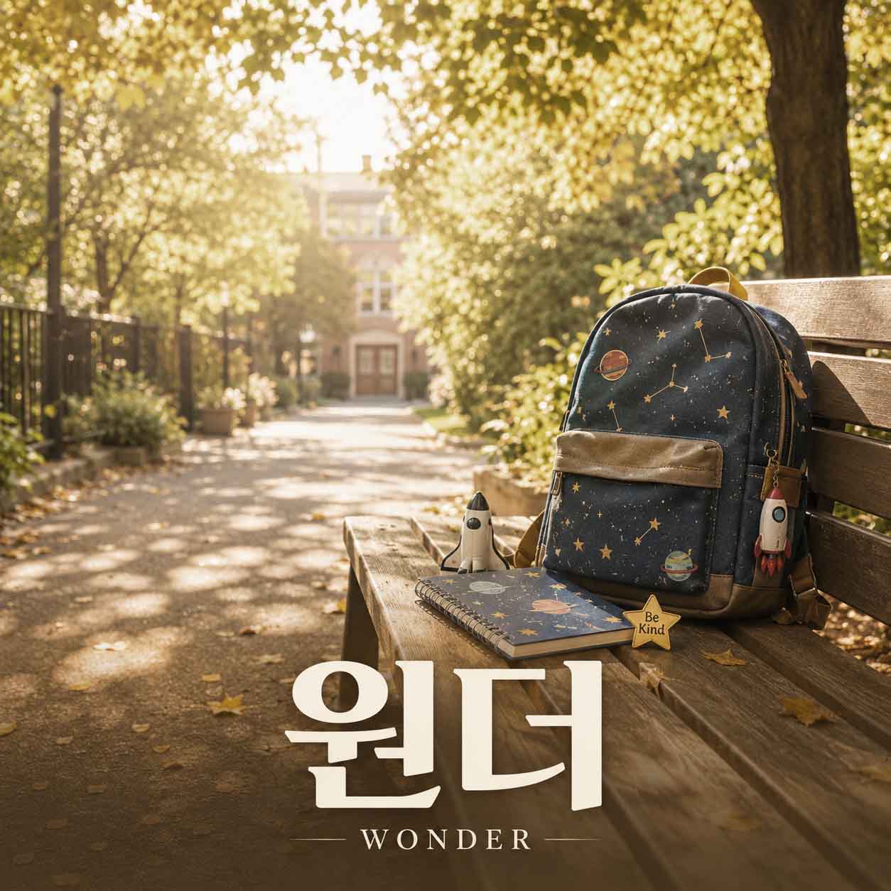 원더 영화를 나타내는 이미지, 따뜻한 햇살이 비치는 학교 앞 공원을 배경으로 나무 벤치 위에 우주와 별 무늬의 책가방과 공책, 작은 로켓 모형이 놓여 있는 장면