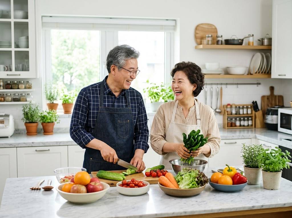 밝고 깨끗한 주방에서 건강한 한국인 중년 부부가 신선한 채소와 과일을 손질하며 환하게 웃는 실사 사진