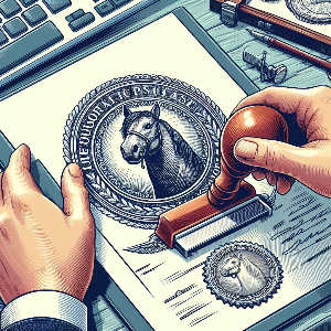 주변에는 판사봉(가벨), 빨간 서류함, 여권 크기의 수첩, 메달 모양의 인감, 벽에 붙은 미국 국기와 인증서 등이 놓여 있어 ‘온라인 공증‧전자 인감 발급’ 같은 상황을 묘사한 일러스트입니다.