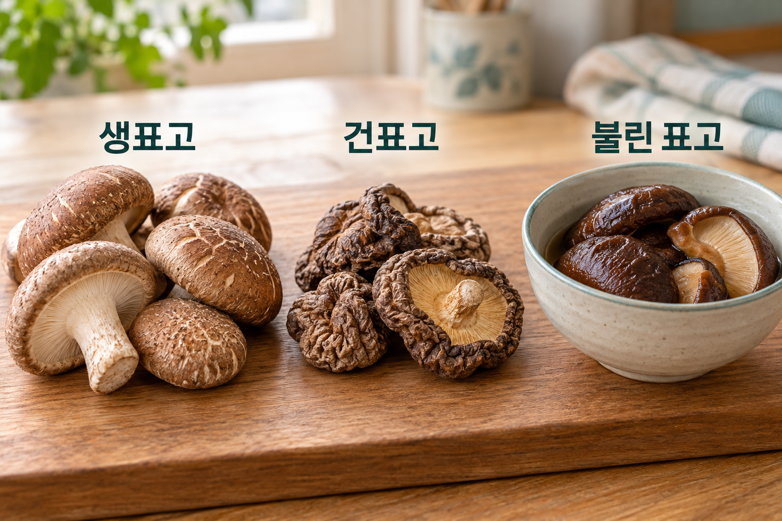 생표고와 마른 건표고, 물에 불려 촉촉해진 표고를 서로 다른 그릇에 둔 모습
