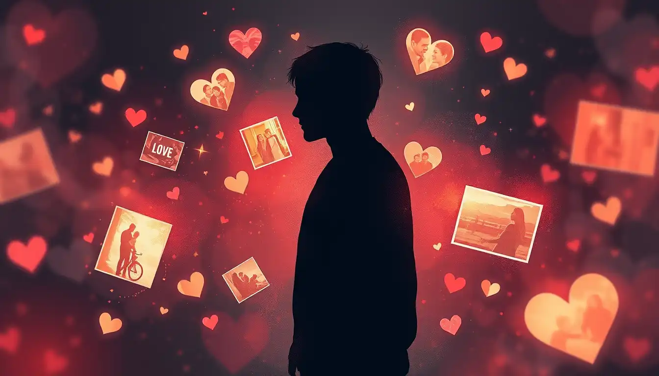 따뜻한 빛과 하트로 둘러싸인 남성 실루엣이 행복한 기억 조각들에 둘러싸여 있는 감정적 기억 일러스트