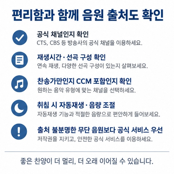 유튜브 찬송가 연속듣기 이용 시 공식 채널, 재생시간, 선곡 구성, 자동재생과 저작권 출처를 확인하는 체크리스트 이미지