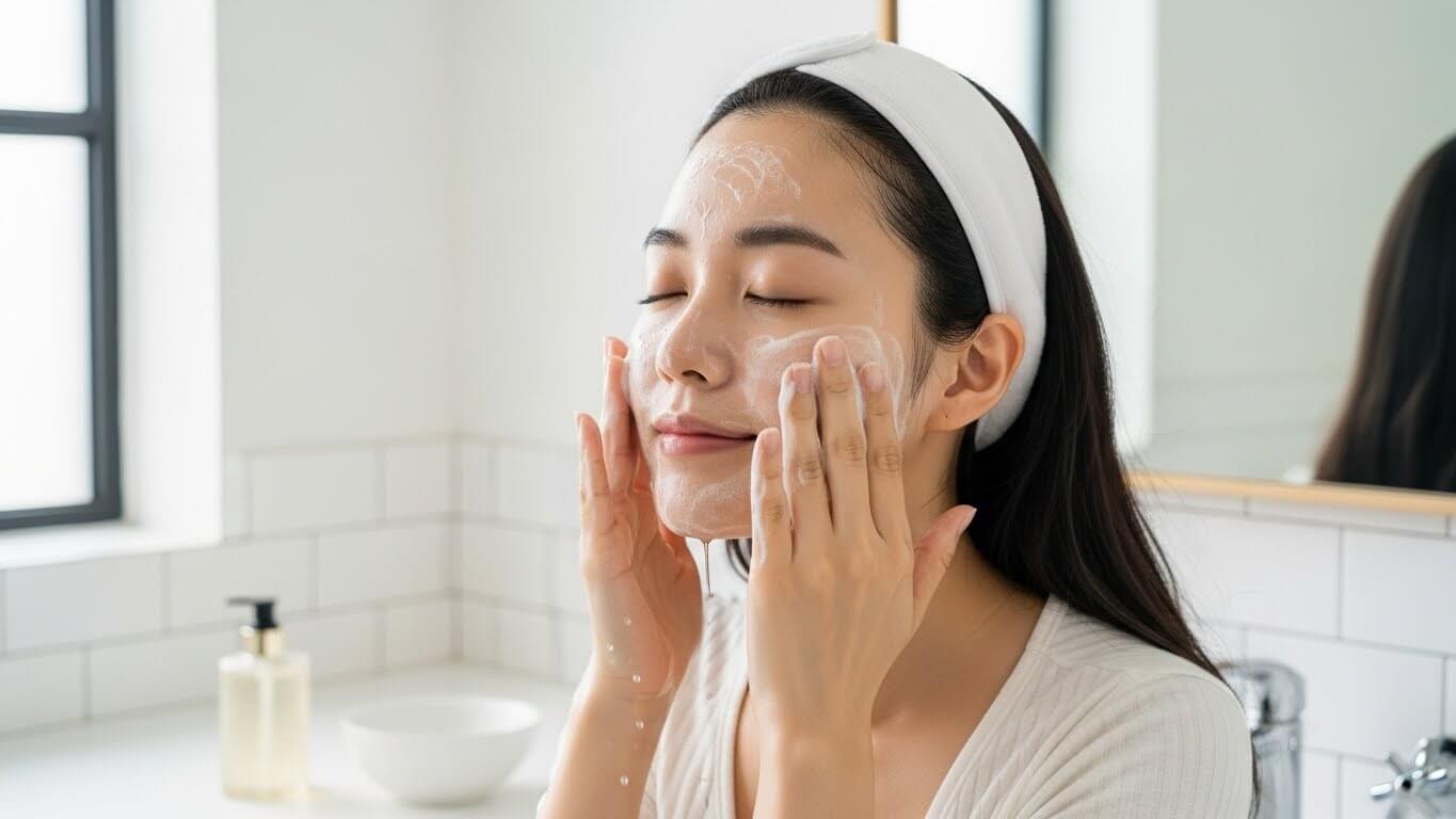 Korean woman gently washing her face with a foaming cleanser in a bright bathroom, beginner-friendly skincare routine