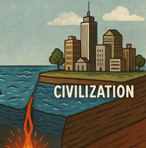 해령과 단층대 등으로 문명의 이동을 함축한 이미지