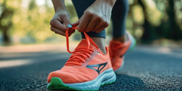 주황색 운동화 끈을 묶고 있는 사람의 손 클로즈업