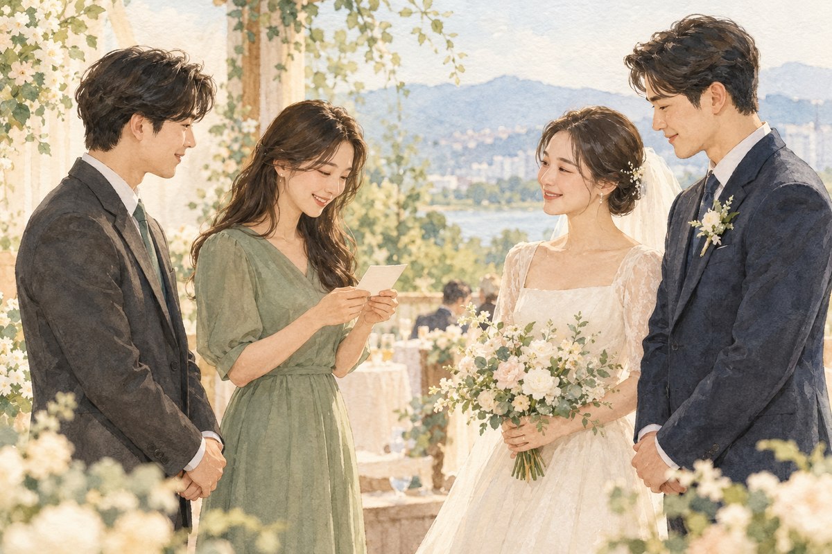 친구들이 신랑신부 곁에서 축복기도를 드리는 모습