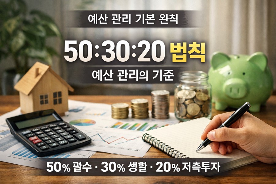 50:30:20 법칙의 개념과 함께 소득을 필수 지출 50퍼센트, 생활비와 여가비 30퍼센트, 저축과 투자 20퍼센트로 나누는 예산 관리 방법을 설명하는 블로그 이미지