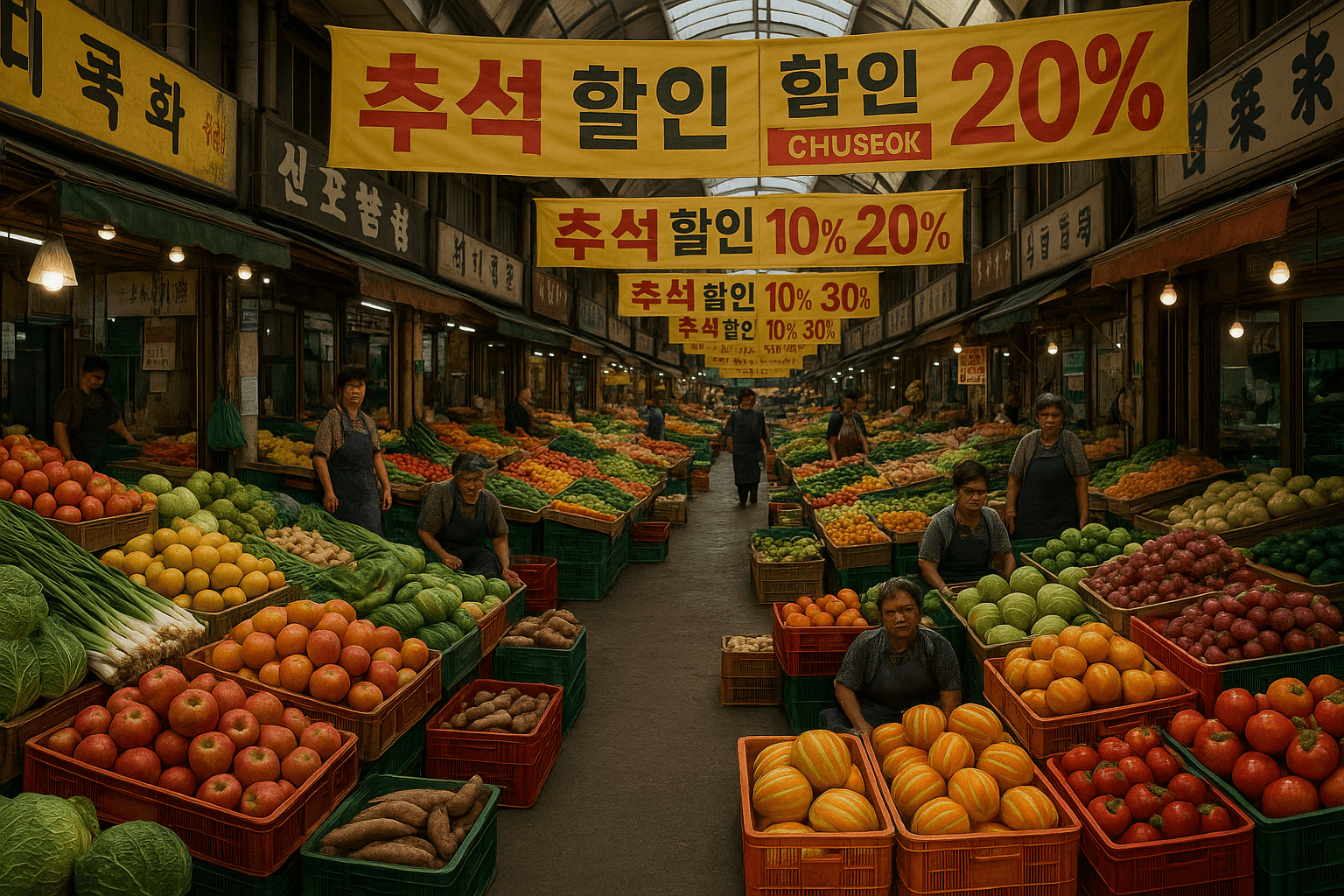 전통시장에서 추석맞이 농산물 할인 현수막이 걸린 풍경 1