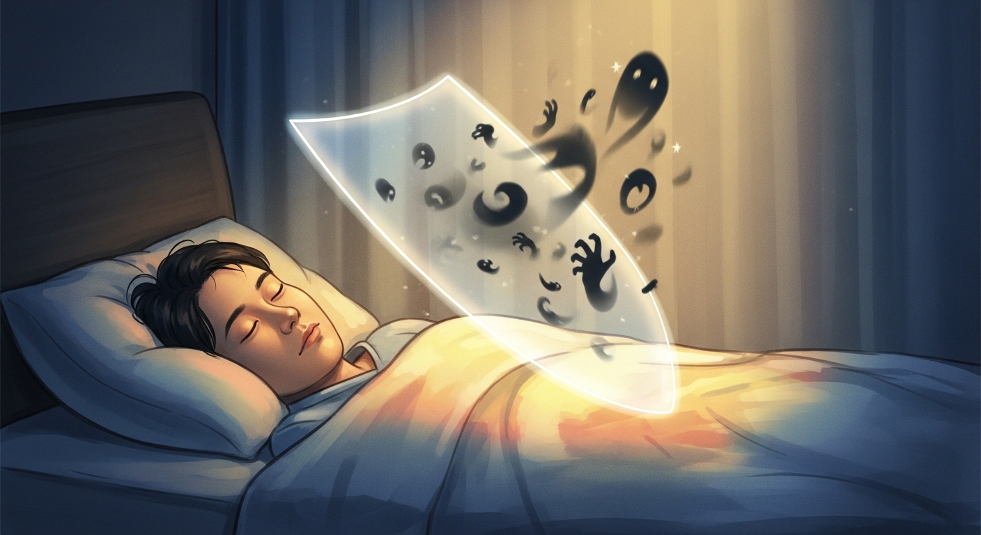 편안하게 잠든 사람 위로 빛나는 보호막이 악몽을 막아주는 상징적인 대표 이미지