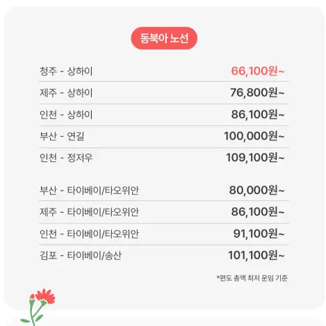 동북아-적용노선과-가격-안내