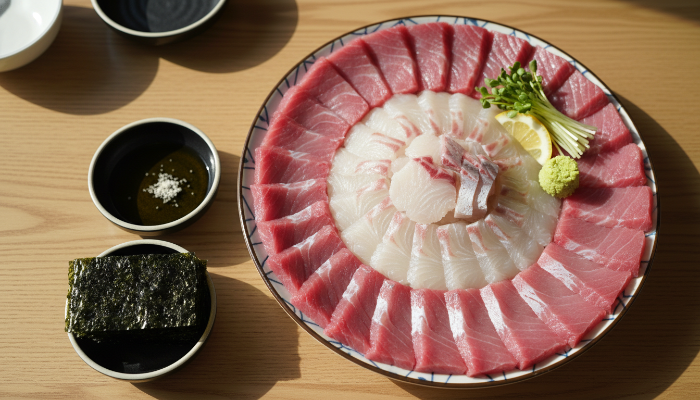 2026년 1월 제철을 맞은 신선하고 기름진 대방어 회 부위별 모둠 접시와 양념장 세트