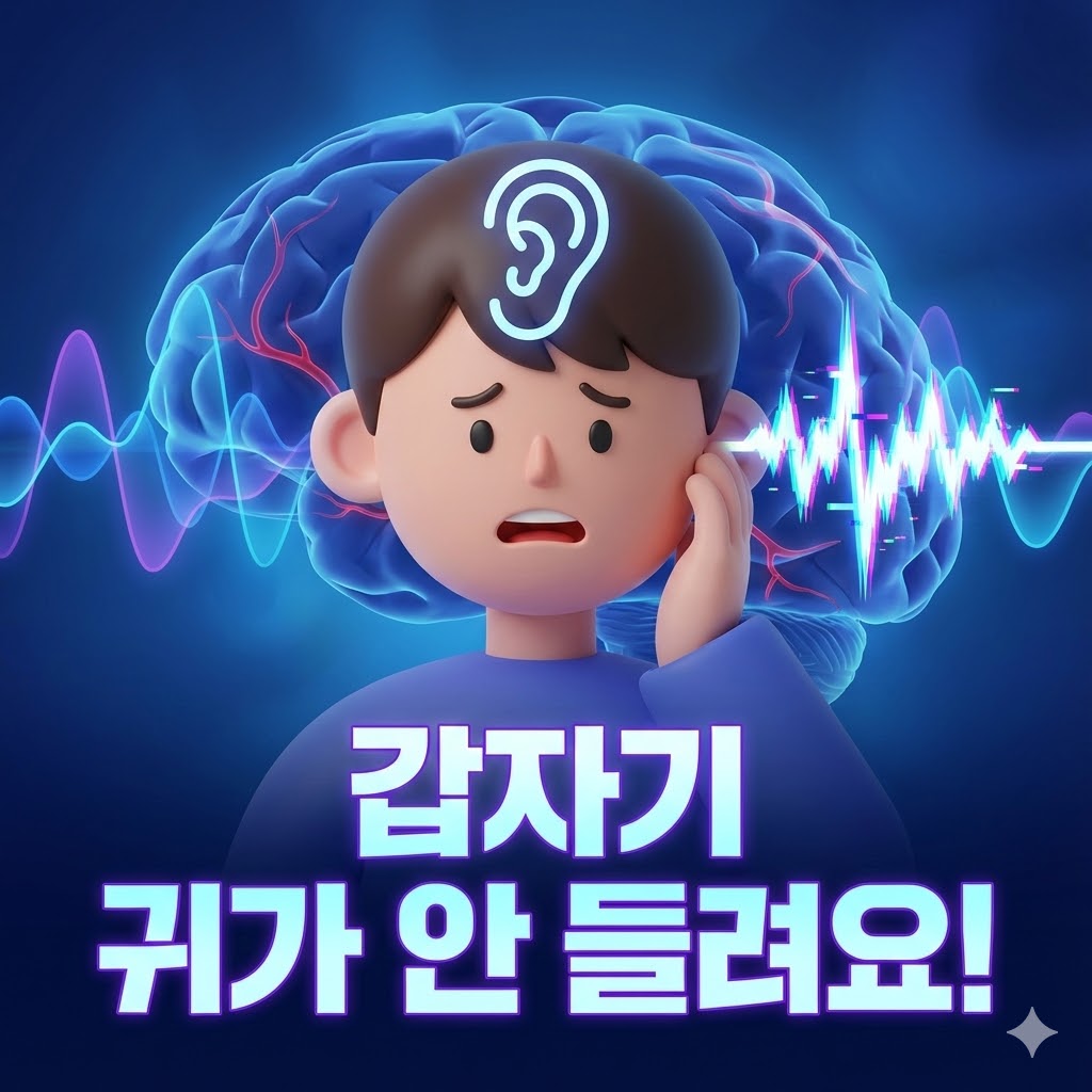 갑자기 한쪽 귀에서 소리가 나지 않아 당황하며 귀를 잡고 있는 캐릭터의 3D 카툰 일러스트. '갑자기 귀가 안 들려요!' 문구가 강조되어 긴급성을 나타낸다.