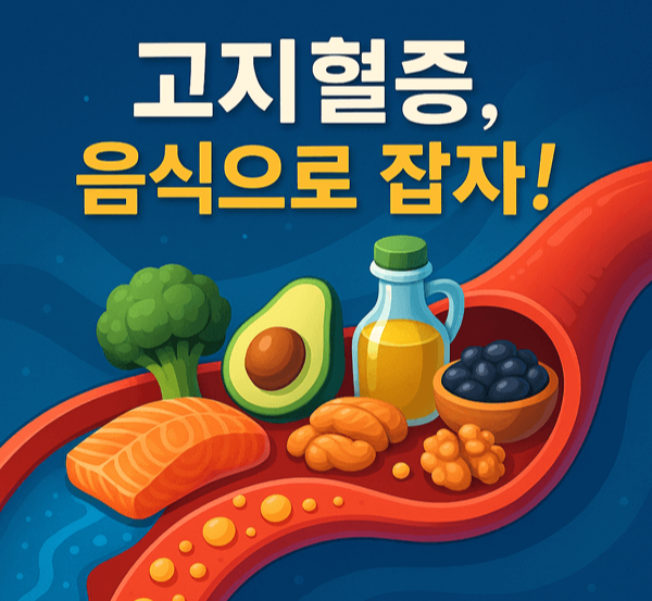 식품으로 고지혈증을 잡는 방법을 설명하느 그림