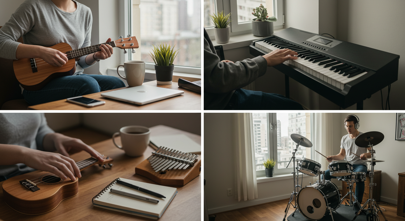 직장인들이 쉽게 배우며 자기 계발을 가능한 우쿨렐레, 디지털 피아노, 칼림바, 전자 드럼에 관한 이미지