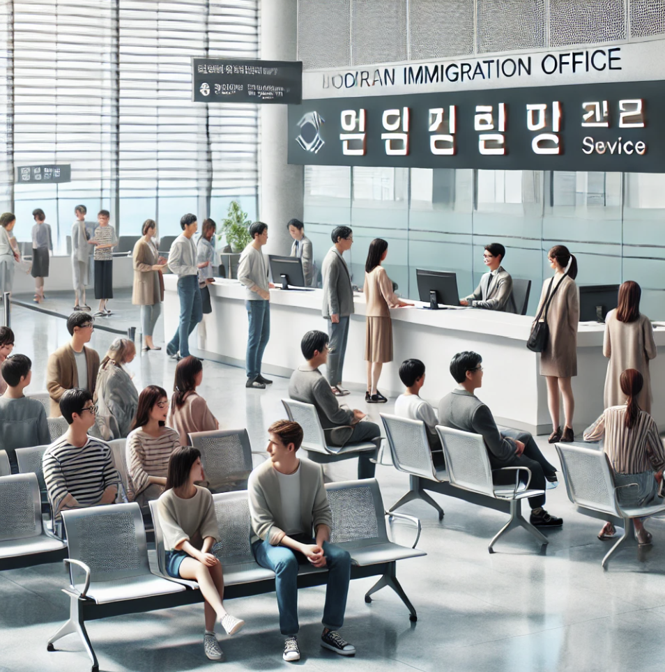 이민 사무소에서 외국인들이 대기하며 상담 중인 장면
