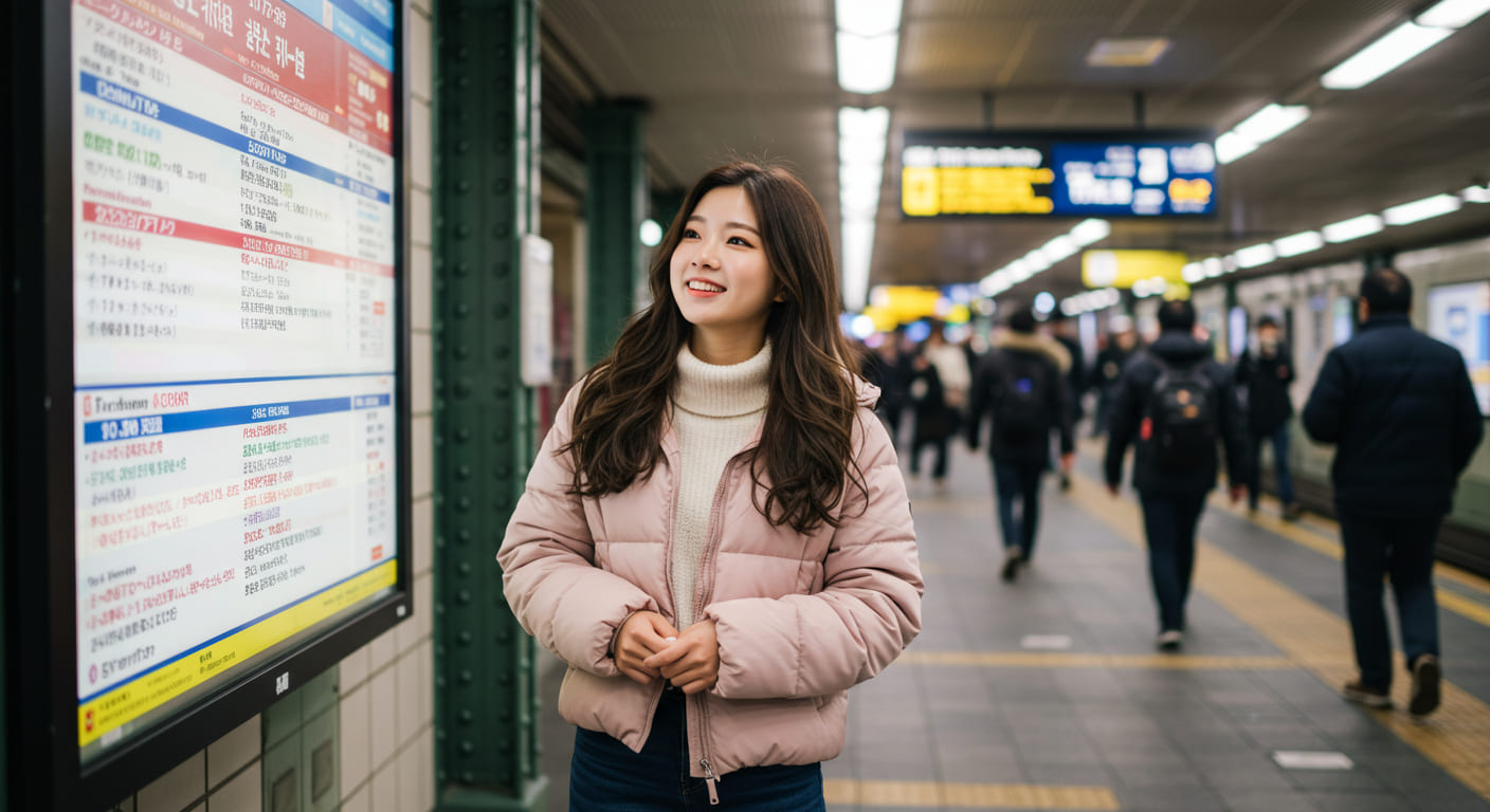 도쿄 지하철 앱을 확인하는 귀여운 한국 남성
