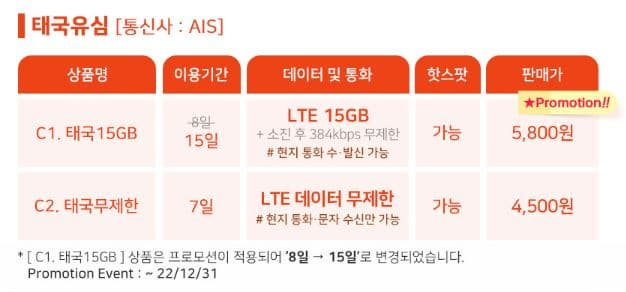 태국 유심 말톡 - 가격정보